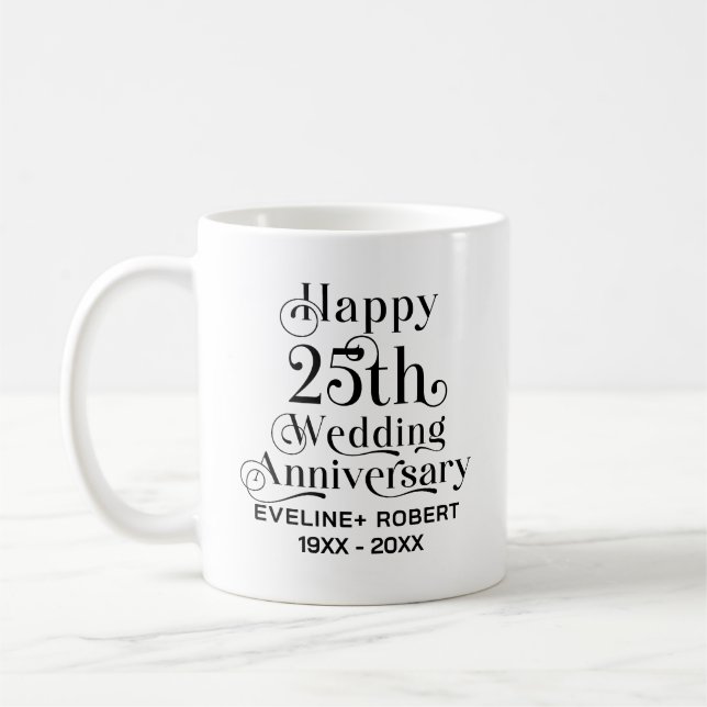 Taza De Café Feliz 25° Aniversario Boda Tipografía Negra (Izquierda)