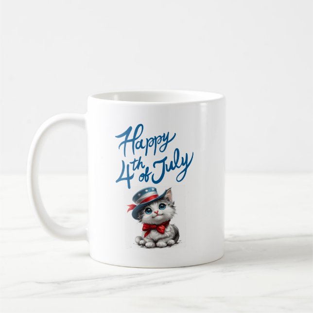 Taza De Café Feliz 4 De Julio Gato Lindo (Izquierda)