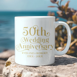Taza De Café Feliz 50º Aniversario de Boda Tipografía Dorada