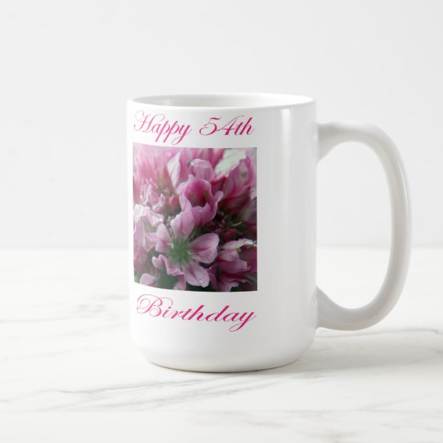 Taza De Café Feliz 54º cumpleaños Flor rosa y verde (Derecha)