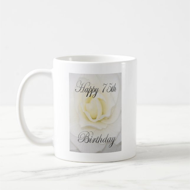 Taza De Café Feliz 75º cumpleaños Flor Blanca (Izquierda)