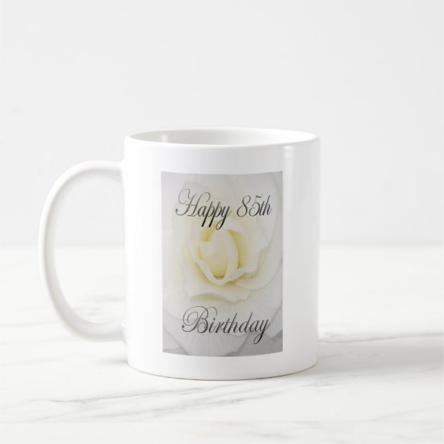 Taza De Café Feliz 85º cumpleaños Flor Blanca (Izquierda)