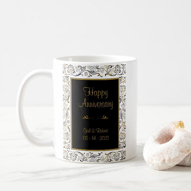 Taza De Café Feliz aniversario Black Gold White Coffee Mug (Con donut)