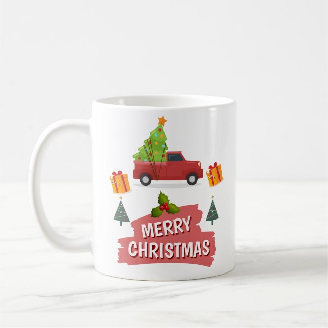 Taza De Café Feliz Árbol De Navidad En Camión Rojo (Izquierda)