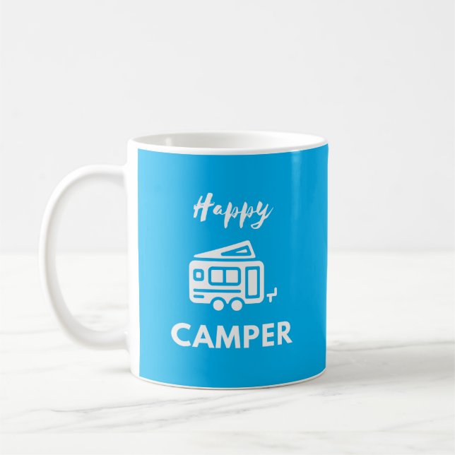 Taza De Café Feliz Camper en blanco con fondo azul (Izquierda)