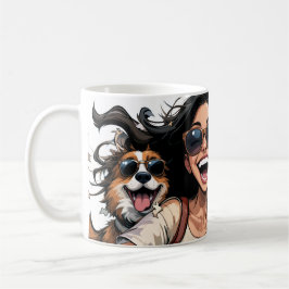 Taza De Café Feliz Chica Y Perro Cuto Con Gafas De Sol Con Cita