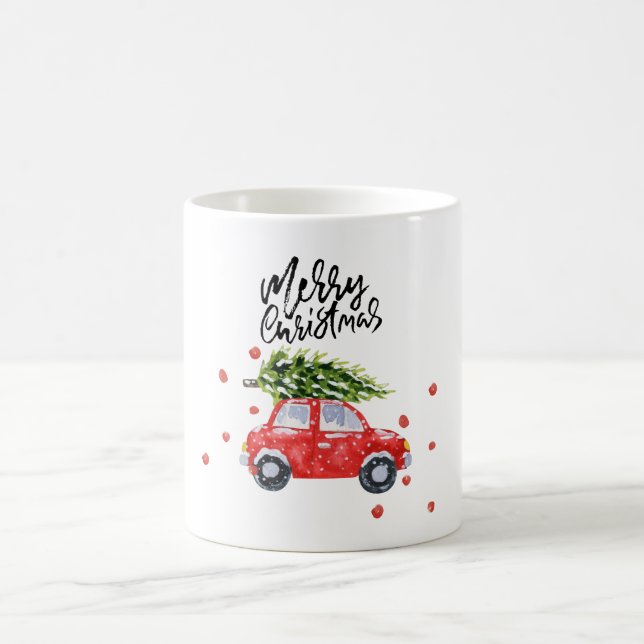 Taza De Café Feliz coche rojo navideño con árbol de Navidad  (Centro)
