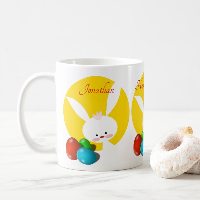 Taza De Café Feliz Conejo de Pascua Amarillo (Con donut)