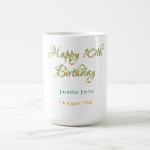 Taza De Café feliz cumpleaños 10 naranja verde nombre fecha sim