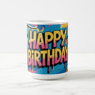Taza De Café Feliz cumpleaños al graffiti muro con zapatillas