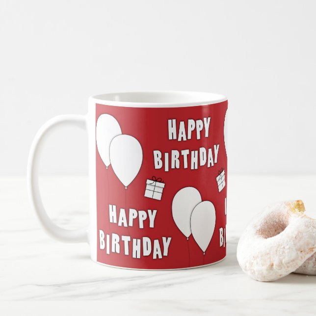 Taza De Café Feliz cumpleaños con fondo rojo de globos (Con donut)