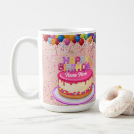 Taza De Café Feliz cumpleaños, globo de pasteles y confetti