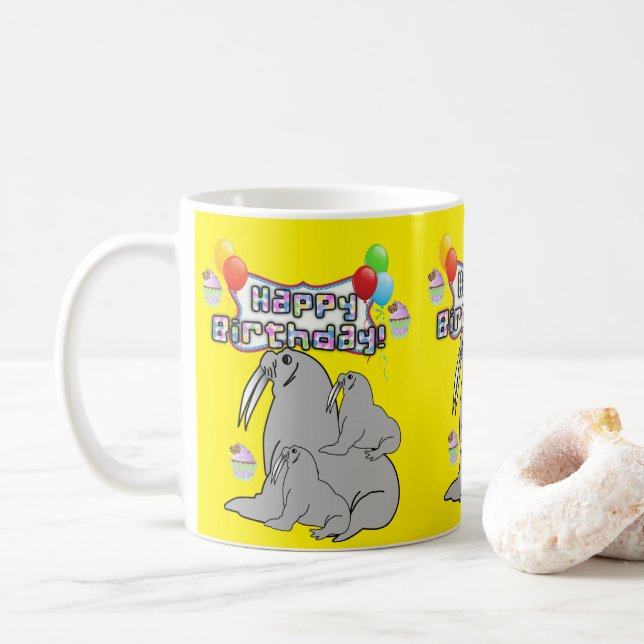 Taza De Café Feliz cumpleaños Globos de foco gris de Mug (Con donut)