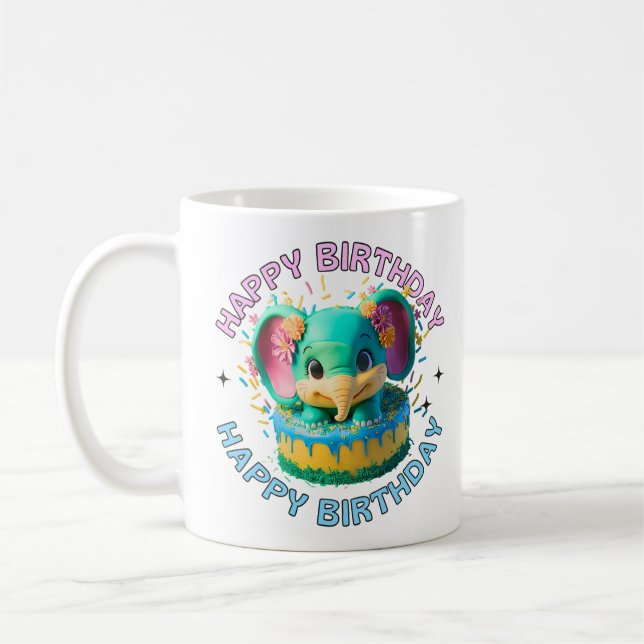 Taza De Café Feliz cumpleaños Kawaii Elephant (Izquierda)