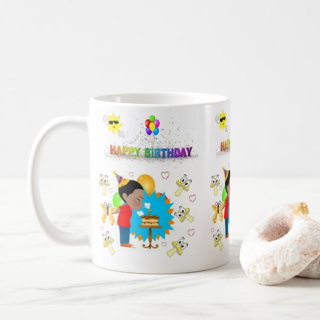 Taza De Café Feliz cumpleaños Mug African Boy Mushrooms (Con donut)