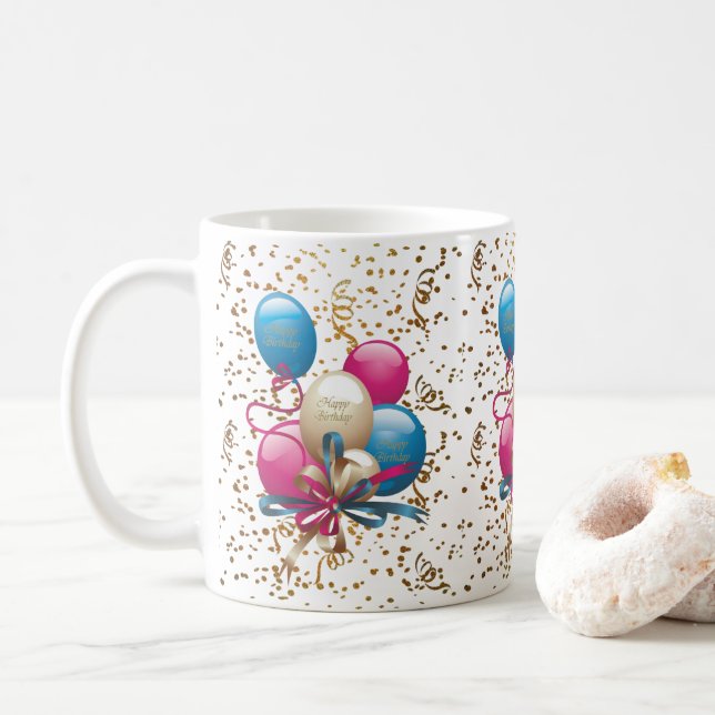 Taza De Café Feliz cumpleaños Mug Balloons (Con donut)