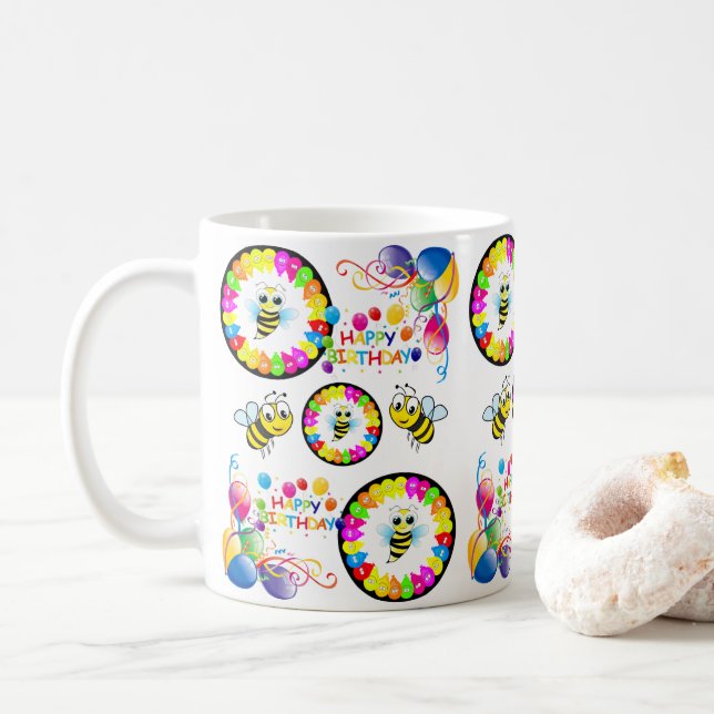 Taza De Café Feliz cumpleaños Mug Balloons Bumblebee (Con donut)