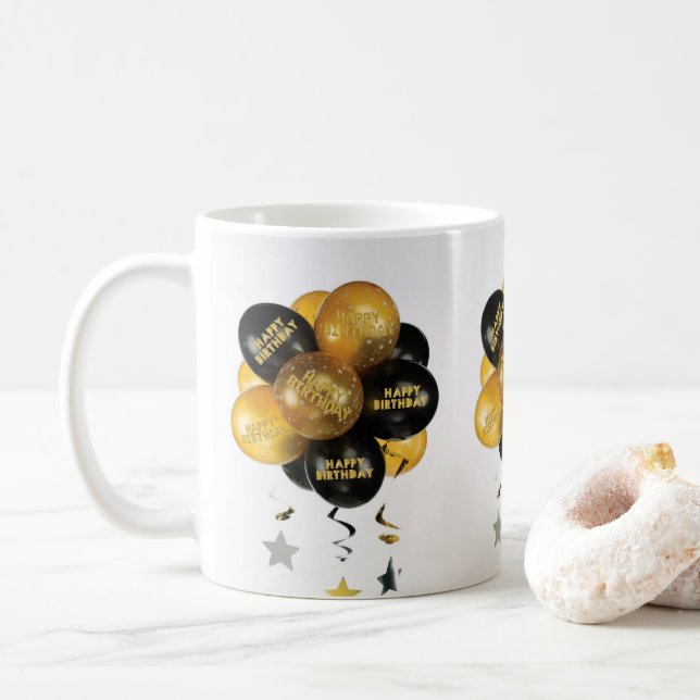 Taza De Café Feliz cumpleaños Mug Black Gold Balloons (Con donut)