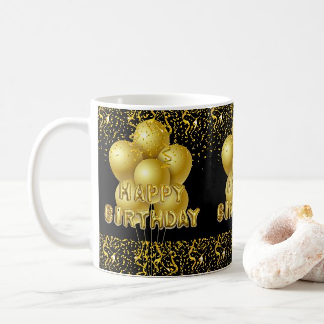Taza De Café Feliz cumpleaños Mug Black Gold Confetti (Con donut)