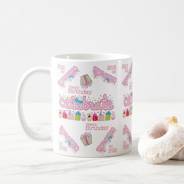 Taza De Café Feliz cumpleaños Mug celebra el rosado (Con donut)
