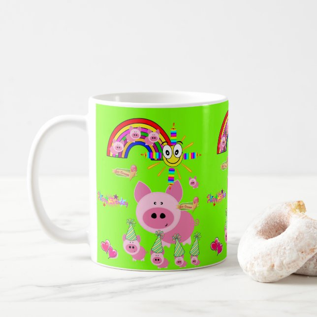 Taza De Café Feliz cumpleaños Mug Pink Pig (Con donut)