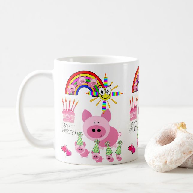 Taza De Café Feliz cumpleaños Mug Pink Pig (Con donut)