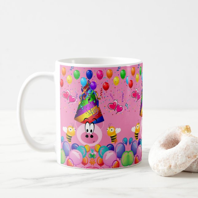 Taza De Café Feliz cumpleaños Mug Pink Pig Bumblebee (Con donut)