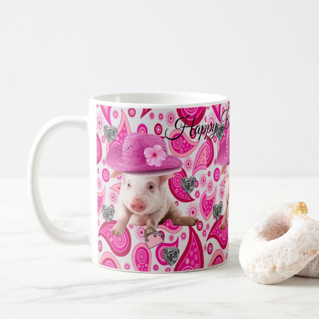 Taza De Café Feliz cumpleaños Mug Pink Pig Paisley (Con donut)