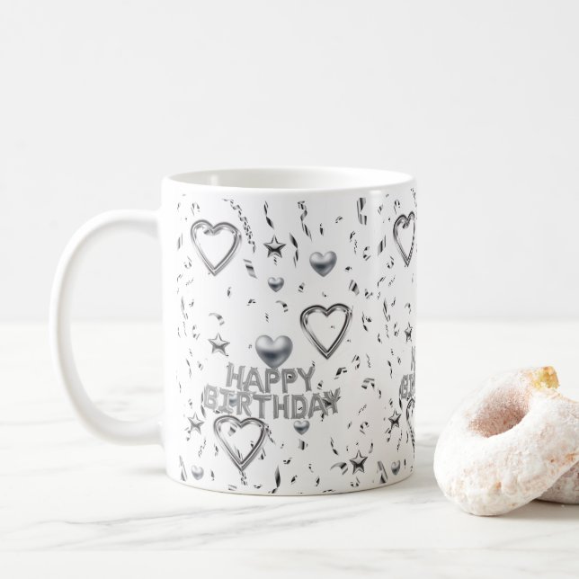 Taza De Café Feliz cumpleaños Mug Silver Hearts (Con donut)