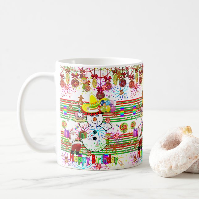 Taza De Café Feliz cumpleaños Mug Snowman Santa Claus (Con donut)