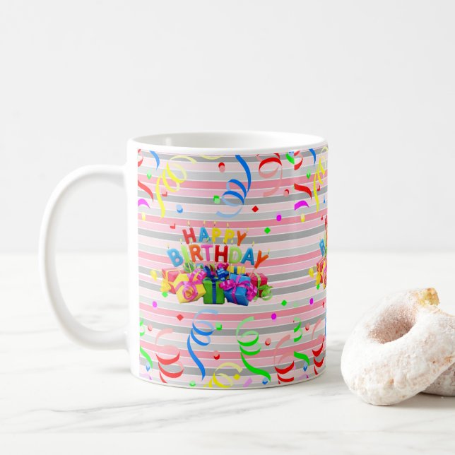 Taza De Café Feliz cumpleaños Mug Stripe (Con donut)
