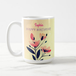 Taza De Café Feliz Cumpleaños, Nombre, Flores en Dorado Gradien