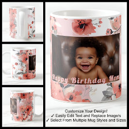 Taza De Café Feliz Cumpleaños Nueva Mamá Foto Floral Rosa Lindo