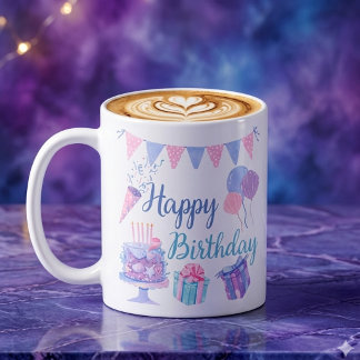 Taza De Café Feliz Cumpleaños – Pastel y Globos Inspirados en e