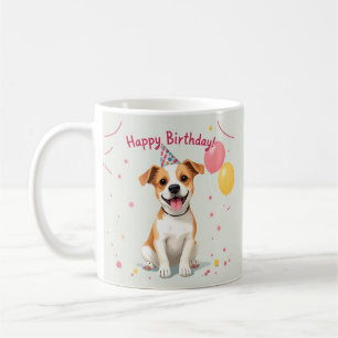 Taza De Café Feliz Cumpleaños Perro con Sombrero de Fiesta y Gl