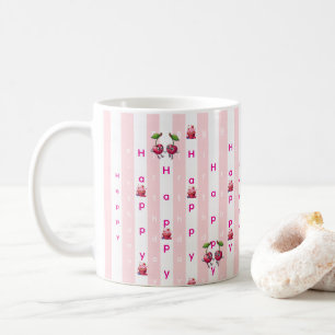 Taza De Café Feliz Cumpleaños Pink & White Stripe