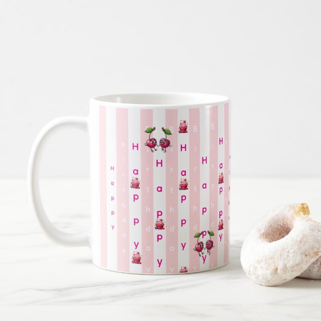 Taza De Café Feliz Cumpleaños Pink & White Stripe (Con donut)