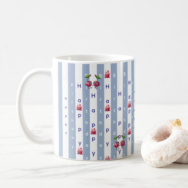 Taza De Café Feliz Cumpleaños Raya Azul y Blanco  (Con donut)