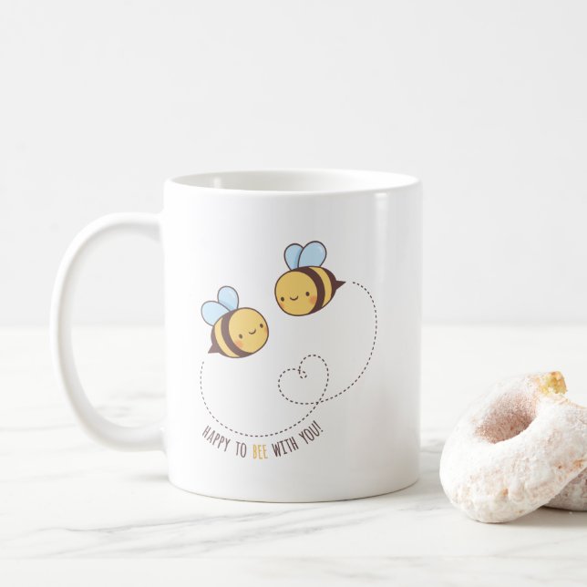 Taza De Café Feliz De Estar Contigo, Pareja De Abejas (Con donut)