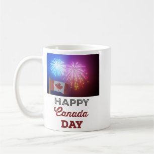 Taza De Café Feliz Día de Canadá, bandera y fuegos artificiales