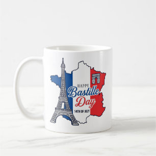 Taza De Café Feliz Día de la Bastilla Francia Mapa Torre Eiffel
