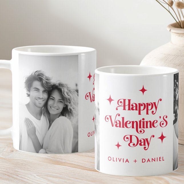 Taza De Café Feliz día de San Valentín retro estrellas foto roj (Happy Valentines day retro stars red photo Coffee Mug)