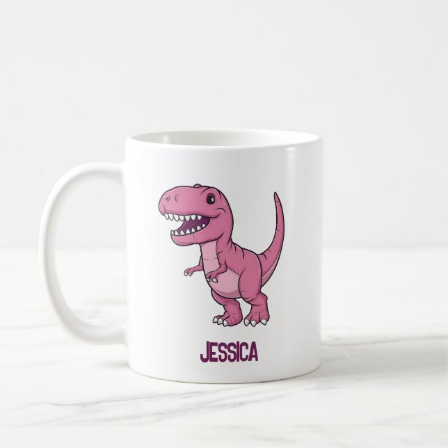 Taza De Café Feliz Dino Rosa-Rex Con Nombre Para Niños (Izquierda)