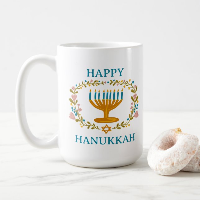 Taza De Café FELIZ Festividad judía HANUKKAH Menorah (Con donut)
