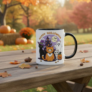 Taza De Café Feliz Fiesta felino felino de Halloween con miedo