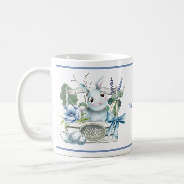 Taza De Café Feliz Flower Blue Bunny Rabbit Personalizado (Izquierda)
