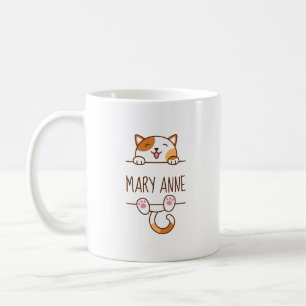 Taza De Café Feliz gato de Calico buscando detrás de nombre per