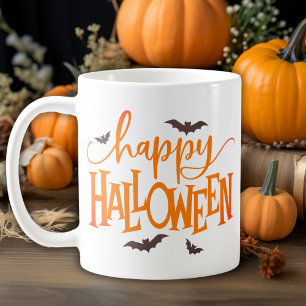 Taza De Café Feliz guión de Naranja de Halloween con murciélago