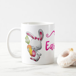 Taza De Café Feliz Guión rosa del conejo blanco de Pascua perso