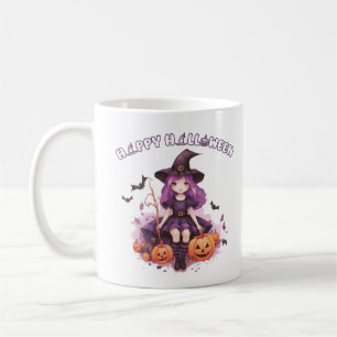 Taza De Café Feliz Halloween Bruja Morada Calabazas y Murciélag